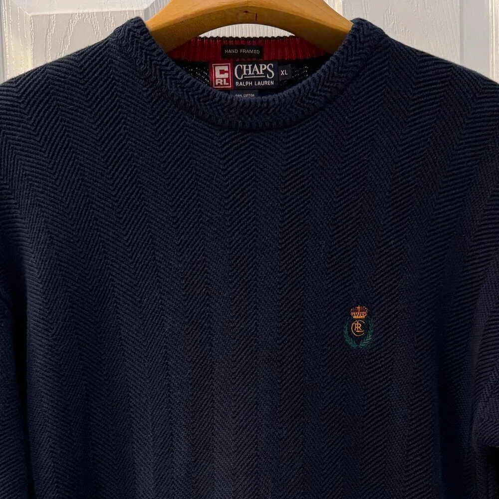 Vtg Chaps Ralph Lauren Hand Framed Rib Knit Cotton Sweater Navy Gold Crown XL